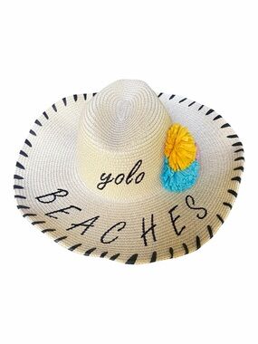 YOLO Beaches Straw Sun Hat with Yellow & Blue Pom Pom